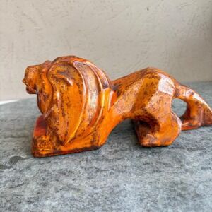Vintage Ceramic Lion Figurine Orange Drip Glaze MCM 6.75in
